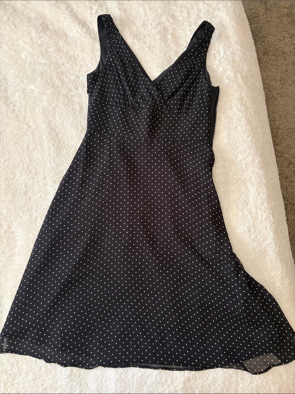 J. Crew Silk Black Polka Dot V-Neck lined Midi Dress